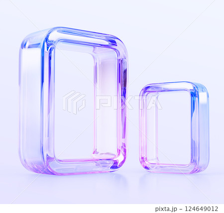 3d glass holographic transparent frame render set. Rectangle and square shape crystal border angle view. Blue pink gradient framework. Abstract geometric banner graphic isolated icon. 3D illustration 124649012