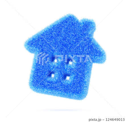 3d blue fur fluffy home icon. Real estate sale, rent and mortgage concept. Furry plush house badge for web design. Buying property, construction loan, insurance residential building. 3D illustration 3d blue fur fluffy home icon. Real estate sale, rent and mortgage concept. Furry plush house badge for web design. Buying property, construction loan, insurance residential building. 3D illustration 124649013