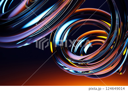 Neon fluid glass spiral swirl on black 3d background. Abstract dark bg with holographic transparent funnel, chromatic vortex, liquid circle wave line with rainbow light texture render. 3D illustration Neon fluid glass spiral swirl on black 3d background. Abstract dark bg with holographic transparent funnel, chromatic vortex, liquid circle wave line with rainbow light texture render. 3D illustration 124649014
