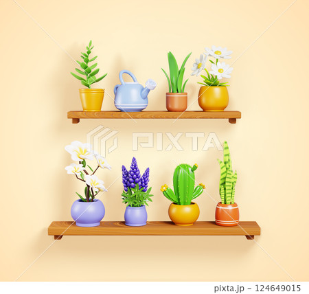 3d wooden shelves with houseplants in pots on yellow wall background. Home garden of tropical green plants cactus and plumeria on hanging shelf. Flower shop interior design elements. 3D illustration 3d wooden shelves with houseplants in pots on yellow wall background. Home garden of tropical green plants cactus and plumeria on hanging shelf. Flower shop interior design elements. 3D illustration 124649015