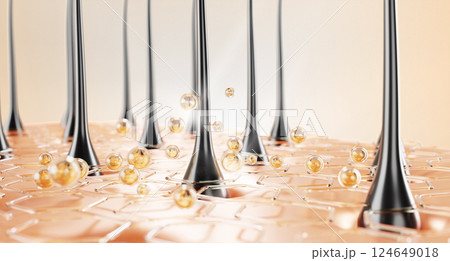 3d hair care background. Scalp with gold oil drop and hexagon pattern. Liquid cosmetic sphere of nourish shampoo, moisture essence, serum with collagen cell honeycomb on skin surface. 3D illustration 124649018