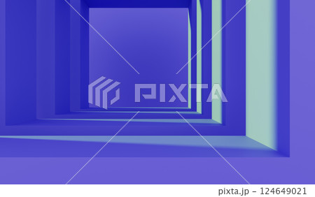 3d blue square tunnel perspective. Abstract geometric room with corridor and turquoise lines of light on wall and floor. Futuristic architecture background with neon gradient render. 3D illustration 3d blue square tunnel perspective. Abstract geometric room with corridor and turquoise lines of light on wall and floor. Futuristic architecture background with neon gradient render. 3D illustration 124649021