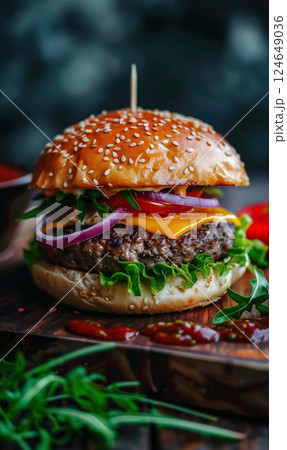 fresh juicy hamburger with beef meat, grilled cheeseburger with onion and tomato, classic american fast food burger fresh juicy hamburger with beef meat, grilled cheeseburger with onion and tomato, classic american fast food burger 124649036