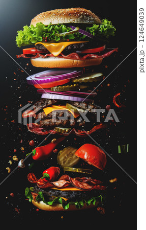 fresh juicy hamburger with beef meat, grilled cheeseburger with onion and tomato, classic american fast food burger 124649039