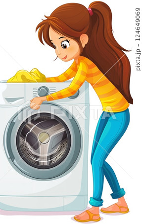 happy woman loading laundry machine with linen and clothes, female doing chores at home, domestic life 124649069