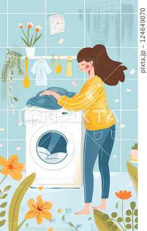 happy woman loading laundry machine with linen and clothes, female doing chores at home, domestic life 124649070