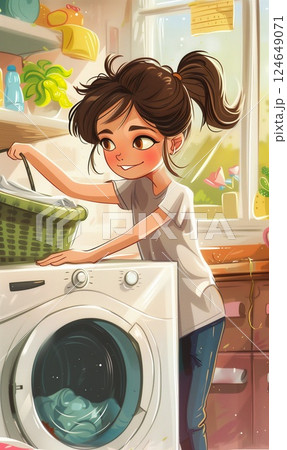 happy woman loading laundry machine with linen and clothes, female doing chores at home, domestic life 124649071