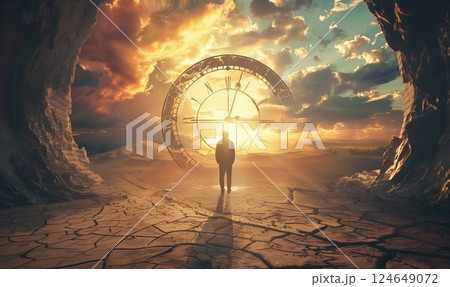man standing in front of big clock, time spending and transience concept, desert fantasy world 124649072