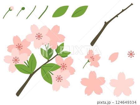 シンプルな葉桜と花びらのイラストセット素材 124649334