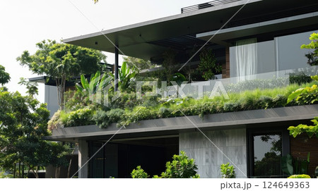 Eco-friendly house with green rooftop. A stunning eco-house with a vibrant green rooftop, blending seamlessly with nature. 124649363