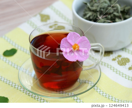 Cup of herbal infusion from Cistus incanus, known as rock rose. 124649413