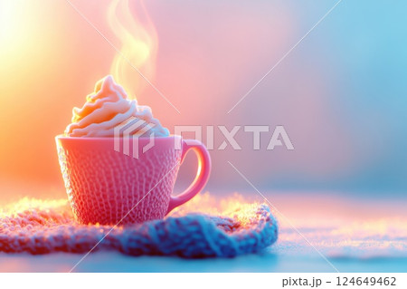 Cozy hot chocolate served with whipped cream on a knitted surface in warm tones Cozy hot chocolate served with whipped cream on a knitted surface in warm tones 124649462