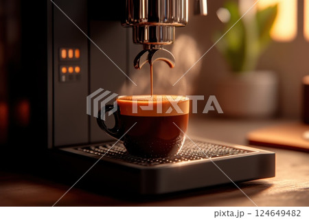 Rich espresso shot being pulled in warm cafe lighting with rising steam 124649482