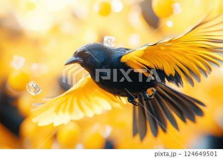 Dynamic splash of vibrant orange juice captures the essence of refreshment with flying oranges 124649501