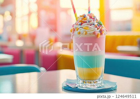 Colorful milkshake creation in a vibrant diner with cheerful atmosphere and bright lighting Colorful milkshake creation in a vibrant diner with cheerful atmosphere and bright lighting 124649511