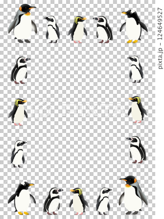 かわいい16羽のペンギンのフレームイラスト 124649527