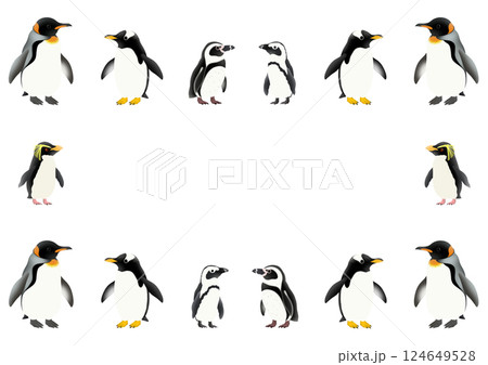 かわいい14羽のペンギンのフレームイラスト 124649528
