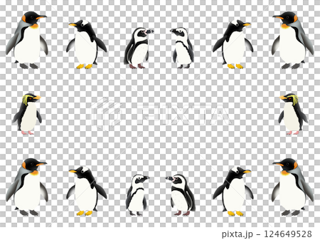 かわいい14羽のペンギンのフレームイラスト 124649528