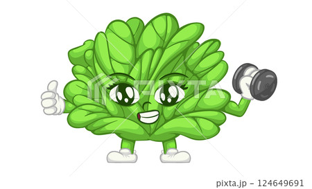 Cute Lettuce Cartoon Character Exercising with Dumbbell. Promoting Fitness and Healthy Eating. Cute Lettuce Cartoon Character Exercising with Dumbbell. Promoting Fitness and Healthy Eating. 124649691