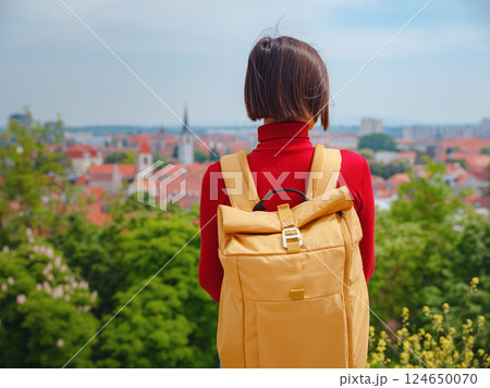 Tourist woman explores beautiful city of Erfurt, 124650070