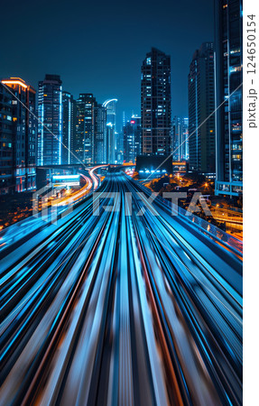 ultra fast railway train blurred motion perspective, speed and dynamics of big city, urban car traffic concept, creative background 124650154