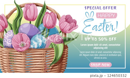 Sale Web Banner with a Basket of Easter Eggs and Pink Tulips. Easter Sale Poster for the Holiday. Suitable for Banners, Posters, Advertising, Promotions, Sales, etc. 124650332