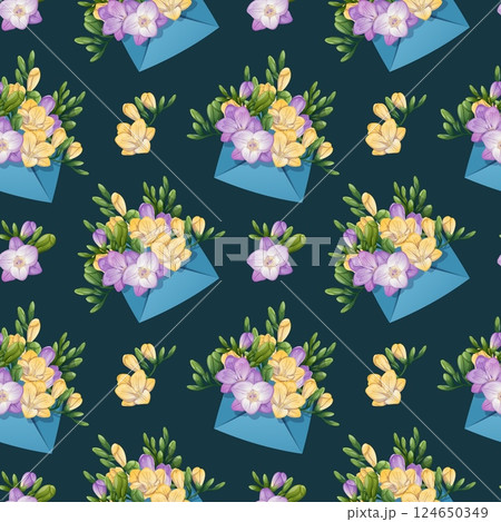 Seamless Pattern with Envelopes Filled with Freesia. Delicate Floral Texture with Spring Flowers. Perfect for Fabric, Wallpaper, Wrapping Paper, and Scrapbooking. Ideal for Spring-themed Designs. Seamless Pattern with Envelopes Filled with Freesia. Delicate Floral Texture with Spring Flowers. Perfect for Fabric, Wallpaper, Wrapping Paper, and Scrapbooking. Ideal for Spring-themed Designs. 124650349