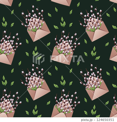 Seamless Pattern with an Envelope and Willow Branches with Leaves. Easter Texture with Nature Elements. Spring Background for Fabric, Wallpaper, Wrapping Paper, etc. Seamless Pattern with an Envelope and Willow Branches with Leaves. Easter Texture with Nature Elements. Spring Background for Fabric, Wallpaper, Wrapping Paper, etc. 124650351
