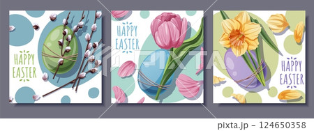 Happy Easter Square Card Set with Colorful Eggs, Tulips, Daffodils and Willow Branches. Perfect for Banners, Posters, Social Media, and Festive Decor. Cheerful Vector Illustrations 124650358