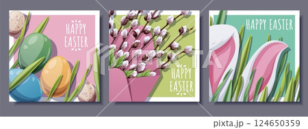 Happy Easter Square Card Set with Bunny Ears in Grass, Colorful Eggs and Willow in Envelope. Spring Holiday Design for Greeting Cards, Social Media and Festive Decor. Cheerful Vector Illustrations. Happy Easter Square Card Set with Bunny Ears in Grass, Colorful Eggs and Willow in Envelope. Spring Holiday Design for Greeting Cards, Social Media and Festive Decor. Cheerful Vector Illustrations. 124650359