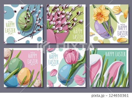 Happy Easter Square Card Set with Bunny Ears in Grass, Colorful Eggs, Tulips, Daffodils and Willow Branches. Spring Holiday Design for Banners, Social Media and Festive Decor. Vector Illustration Happy Easter Square Card Set with Bunny Ears in Grass, Colorful Eggs, Tulips, Daffodils and Willow Branches. Spring Holiday Design for Banners, Social Media and Festive Decor. Vector Illustration 124650361