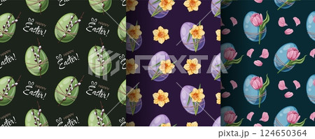 Easter Seamless Pattern Set with Colorful Eggs, Tulips, Daffodils and Willow Branches. Spring Floral Background for Textiles, Wallpaper, Wrapping Paper and Holiday Decor. Vector Illustration 124650364