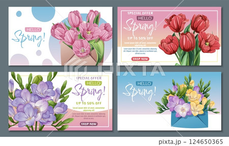 Spring Floral Sale Banner Set with Tulip and Freesia Bouquets. Perfect for Easter, Mothers Day. Elegant promo kit for social media, posters, digital ads. Fresh vector illustrations. 124650365