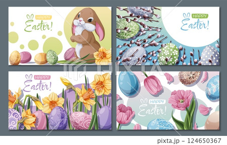 Happy Easter Sale Banner Set with Bunny, Daffodils, Willow Branches, Tulips, and Eggs. Spring Holiday Promo Kit for Social Media, Posters, Flyers, and Digital Ads. Festive Vector Illustrations. Happy Easter Sale Banner Set with Bunny, Daffodils, Willow Branches, Tulips, and Eggs. Spring Holiday Promo Kit for Social Media, Posters, Flyers, and Digital Ads. Festive Vector Illustrations. 124650367