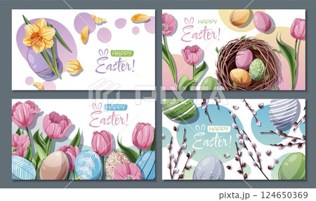 Happy Easter Sale Banner Set with Nest, Daffodils, Willow Branches, Tulips, and Colorful Eggs. Spring Holiday Promo Kit for Social Media, Posters, Flyers, and Digital Ads. Festive Vector Happy Easter Sale Banner Set with Nest, Daffodils, Willow Branches, Tulips, and Colorful Eggs. Spring Holiday Promo Kit for Social Media, Posters, Flyers, and Digital Ads. Festive Vector 124650369