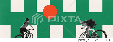 Banner. Contemporary collage. Two cyclists racing on graphic grid with red sun. Tension of competition. Strength meets focus. Bauhaus style design. 124650564