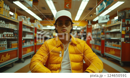 Man in Yellow Jacket and Cap Sitting in Supermarket Aisle with Shelves and Lights 124650591