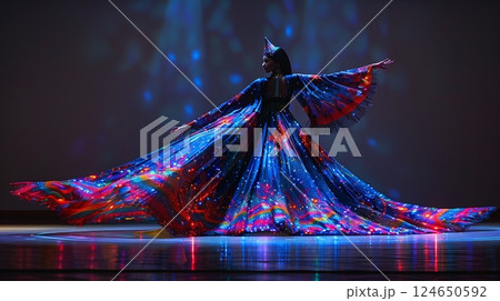Dancer in a Sparkling, Colorful Costume Performing on Stage 124650592