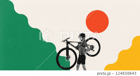 Conceptual design. Woman carrying bike between soft color waves. Inner strength. Trail break. Artwork in Bauhaus style. Conceptual design. Woman carrying bike between soft color waves. Inner strength. Trail break. Artwork in Bauhaus style. 124650643