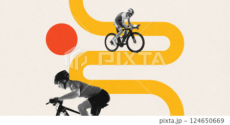 Contemporary art collage. Two cyclists on curved race path. Dual energy. Focused ride. Artwork in Bauhaus style. Contemporary art collage. Two cyclists on curved race path. Dual energy. Focused ride. Artwork in Bauhaus style. 124650669