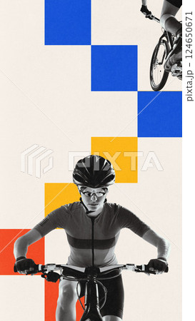 Contemporary art collage. Woman cyclist pushing forward with focus. Personal power. Training intensity. Artwork in Bauhaus style. 124650671