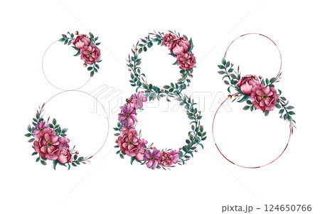 Set of Floral number eight 8 with watercolor pink flowers and leaves. Hand drawn illustration isolated on white. Postcard March 8 or Girls Birthday. In portfolio you find individual objects on png Set of Floral number eight 8 with watercolor pink flowers and leaves. Hand drawn illustration isolated on white. Postcard March 8 or Girls Birthday. In portfolio you find individual objects on png 124650766