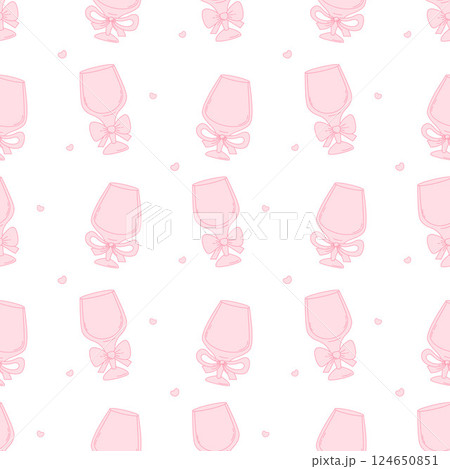 Outline Seamless Pattern Pink Glass Cocktail with Coquette Ribbon Bow on White Background. Vintage Aesthetic Drink. Romantic Girly Vibe beverage. Line drawing backdrop template. Vector illustration 124650851