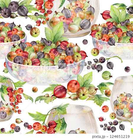 Currant gooseberry with leaves in glass bowls, hand drawn in watercolor, scattered ripe picked berry harvest juneberry casseille jostaberry. Isolated seamless pattern. Scrapbooking, washi tape, cover Currant gooseberry with leaves in glass bowls, hand drawn in watercolor, scattered ripe picked berry harvest juneberry casseille jostaberry. Isolated seamless pattern. Scrapbooking, washi tape, cover 124651219