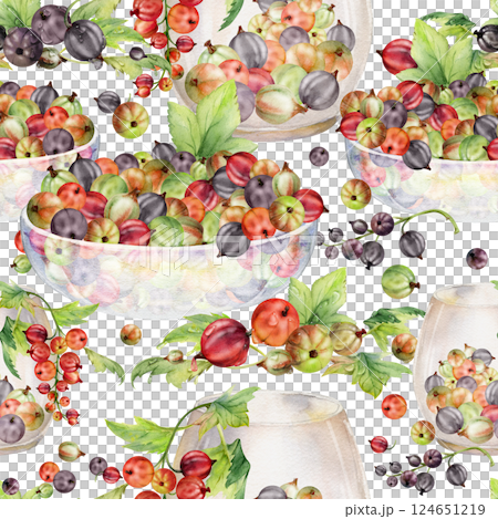 Currant gooseberry with leaves in glass bowls, hand drawn in watercolor, scattered ripe picked berry harvest juneberry casseille jostaberry. Isolated seamless pattern. Scrapbooking, washi tape, cover Currant gooseberry with leaves in glass bowls, hand drawn in watercolor, scattered ripe picked berry harvest juneberry casseille jostaberry. Isolated seamless pattern. Scrapbooking, washi tape, cover 124651219