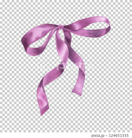 Purple satin ribbon bow. Hand drawn watercolor illustration of silk knot on isolated background for gift or present. Drawing of ornate textile tape for polygraphy, planner, sticker, decor, gift boxes. Purple satin ribbon bow. Hand drawn watercolor illustration of silk knot on isolated background for gift or present. Drawing of ornate textile tape for polygraphy, planner, sticker, decor, gift boxes. 124651335