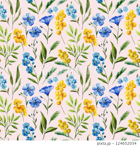 spring floral seamless pattern with blue flax yellow mimosa wildflowers and green leaves watercolor botanical background 124652034