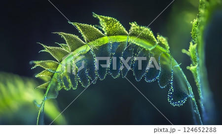 Close up of green plant leaves with water droplets on surface showing natural freshness 124652288