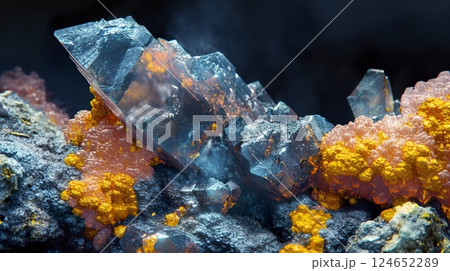 Close up of a rock surface covered in various crystals and mineral formations 124652289