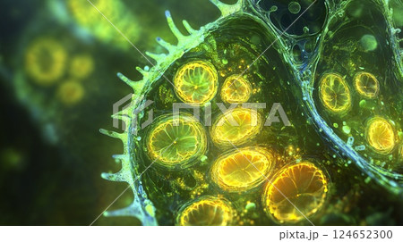 3d illustration of a cell structure featuring yellow and green cellular components 124652300